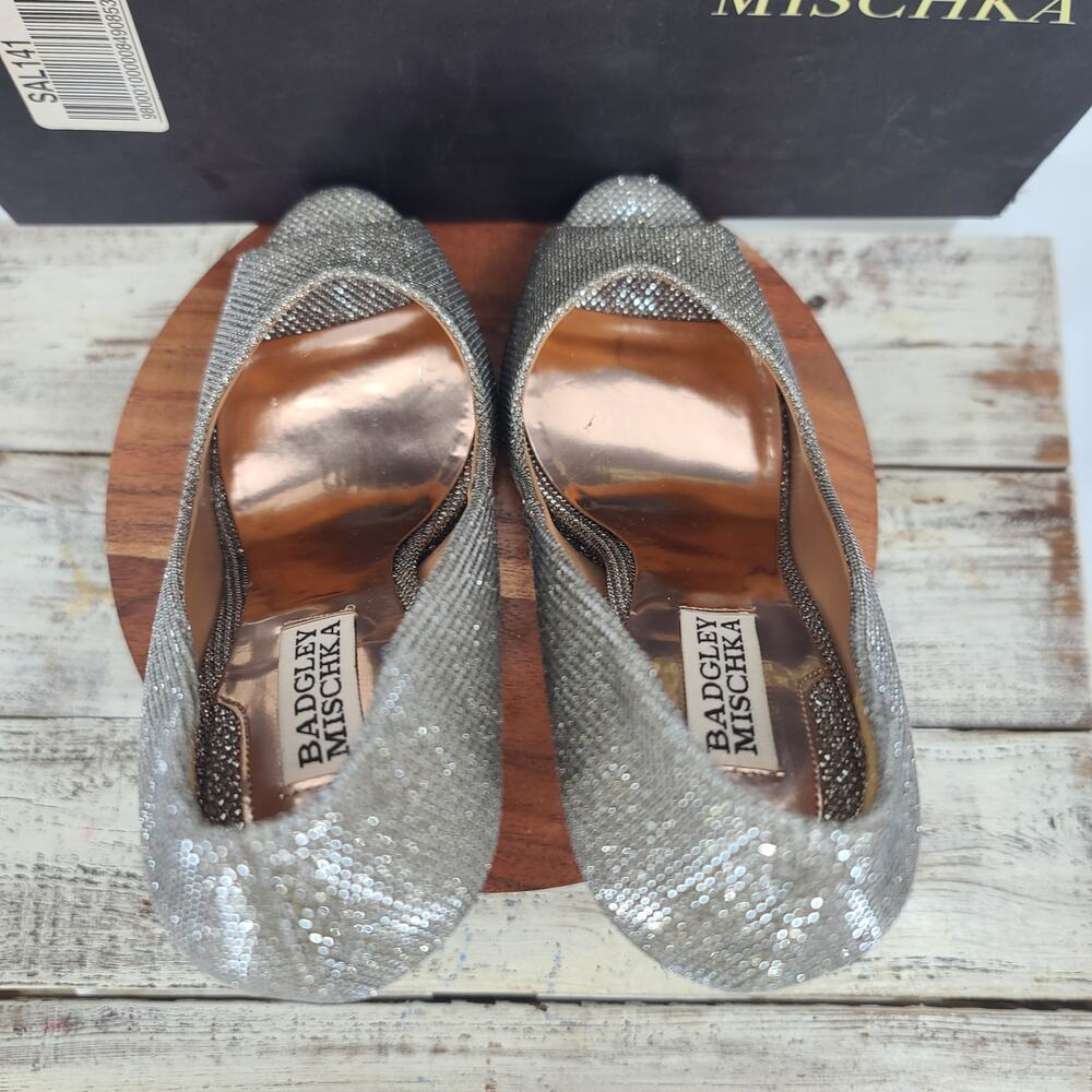 Badgley Mischka Cassidy II Peep Toe Heels Sz 7 Silver sparkle Pumps Party formal - Picture 7 of 12